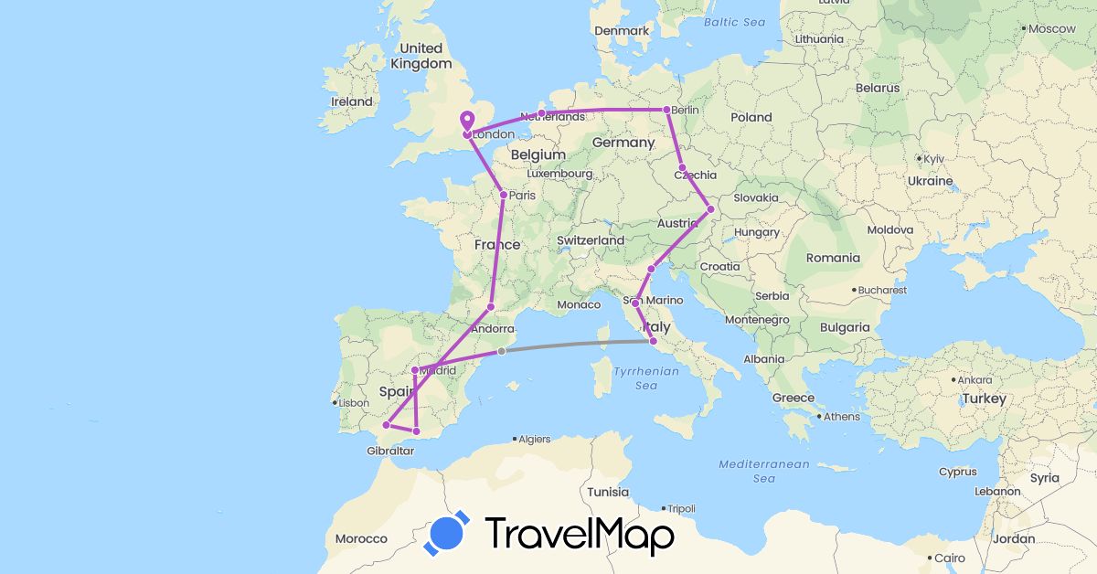 TravelMap itinerary: driving, plane, train in Austria, Czech Republic, Germany, Spain, France, United Kingdom, Italy, Netherlands (Europe)